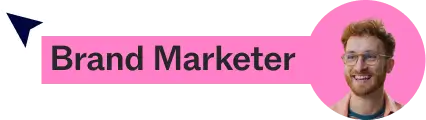 Brand Marketer text with an arrow cursor icon and a smiling man with glasses in a pink circle.