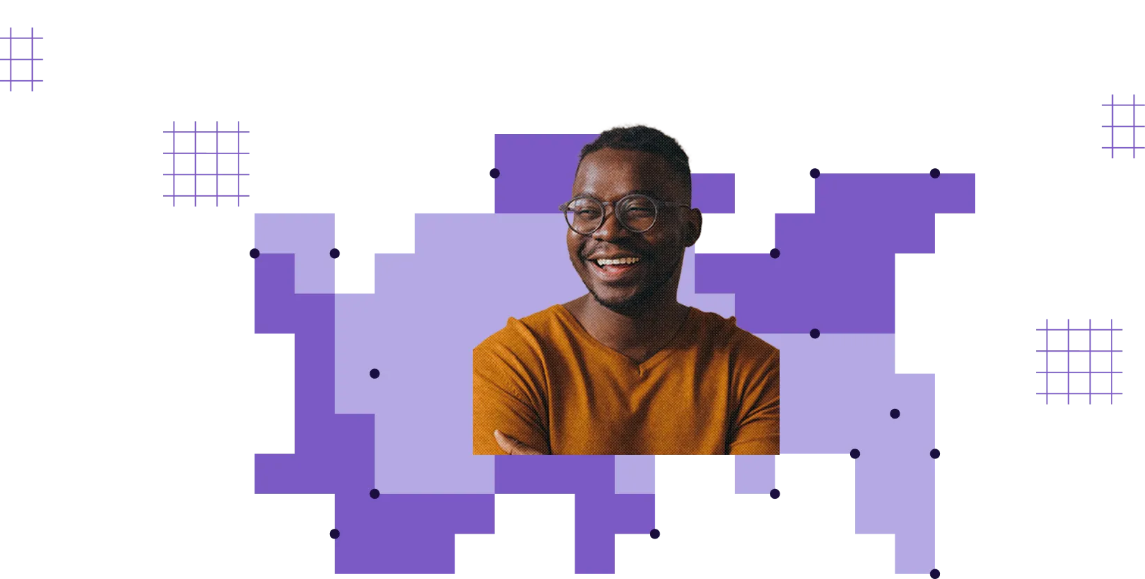 Smiling man with glasses wearing a mustard yellow shirt against a background of purple and lavender geometric shapes.