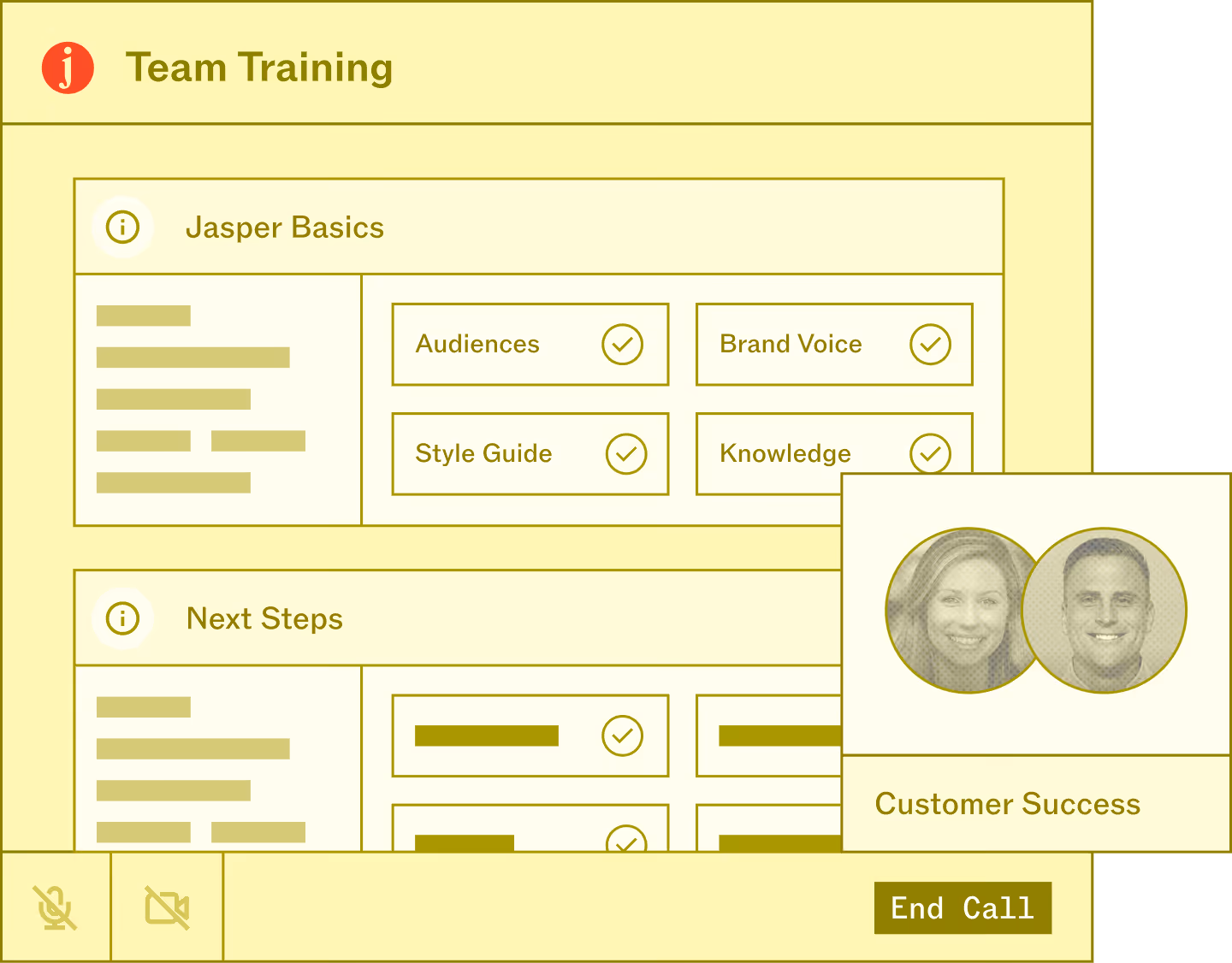 Virtual team training interface showing Customer Success with two participant photos and Adsyncs Basics module with checkmarked topics: Audiences, Brand Voice, Style Guide, Knowledge, and buttons for mute, video off, and End Call.